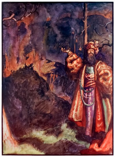 Demas de El progreso del peregrino de este mundo al venidero por John Bunyan (1628-1688) Ilustración de Byam Shaw (1872-1919) mostrando a Demas invitando a los peregrinos a trabajar en la mina de plata de John Byam Liston Shaw