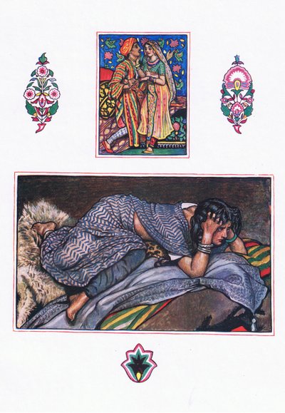 Canción de los gitanos abandonados: Campamento en la ladera, ilustración de El jardín de Kama (y otras letras de la India), 1920 de John Byam Liston Shaw
