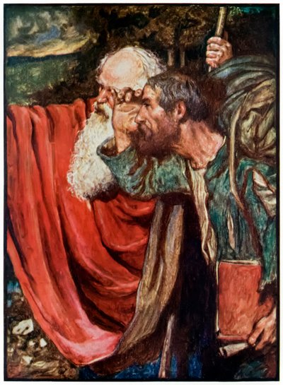 El evangelista señala el camino a la Puerta Angosta de El progreso del peregrino de este mundo al venidero por John Bunyan (1628-1688) Ilustración de Byam Shaw (1872-1919) mostrando al evangelista de John Byam Liston Shaw