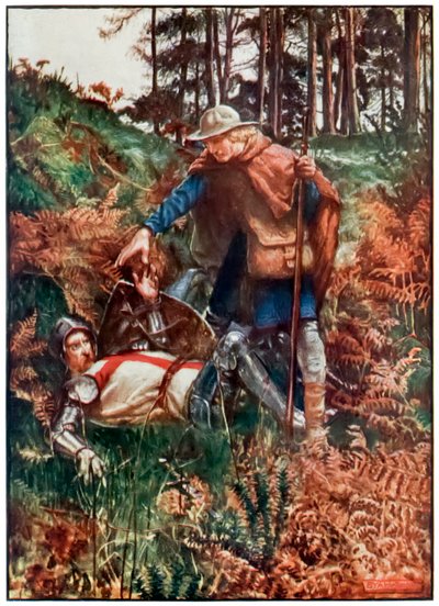 Fiel ayuda a Cristiano a levantarse después de su caída de El progreso del peregrino de este mundo al venidero por John Bunyan (1628-1688) Ilustración de Byam Shaw (1872-1919) mostrando a Cristiano siendo de John Byam Liston Shaw