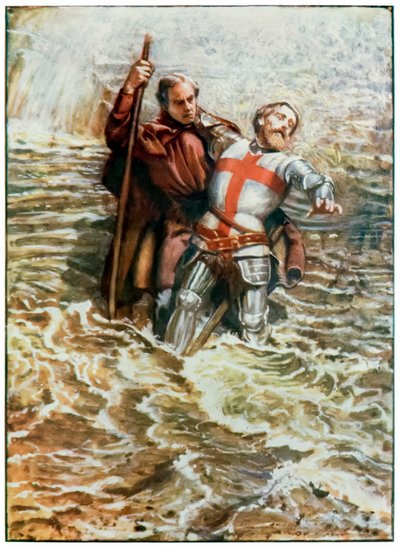 Esperanza ayuda a Cristiano a cruzar el río de El progreso del peregrino de este mundo al venidero por John Bunyan (1628-1688) Ilustración de Byam Shaw (1872-1919), los peregrinos cruzan el de John Byam Liston Shaw