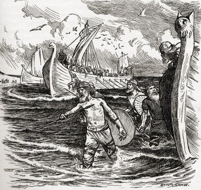 El desembarco de los jutos en la Isla de Thanet, Kent, Inglaterra, 449 d.C., del libro 