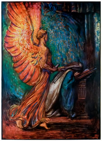 El mensajero llega a Cristiana de El progreso del peregrino de este mundo al venidero por John Bunyan (1628-1688) Ilustración de Byam Shaw (1872-1919), un ángel llega convocando a Cristiana de John Byam Liston Shaw