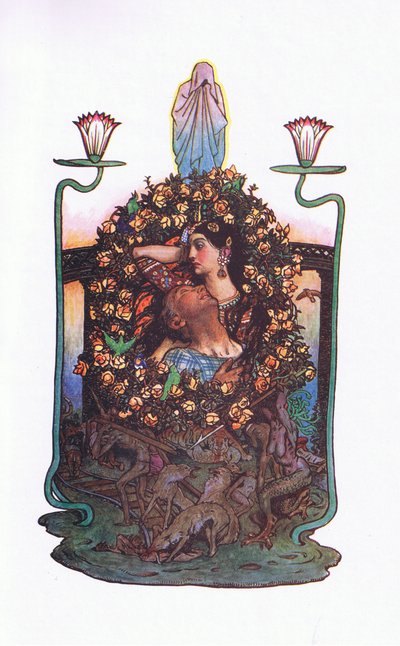 El jardín junto al puente, ilustración de El jardín de Kama (y otras letras de la India), 1920 de John Byam Liston Shaw