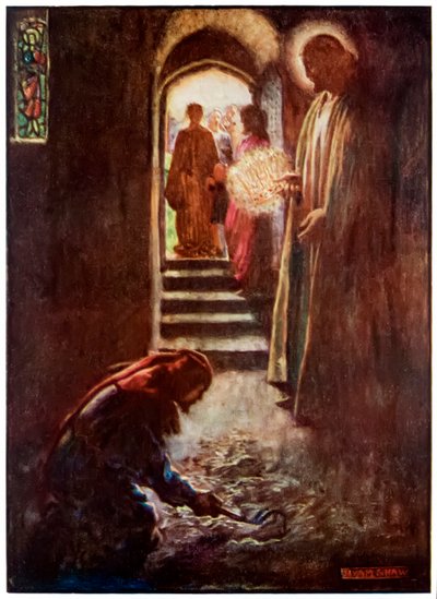 El hombre con el rastrillo de El progreso del peregrino de este mundo al venidero por John Bunyan (1628-1688) Ilustración de Byam Shaw (1872-1919), en la Casa del Intérprete el hombre puede de John Byam Liston Shaw