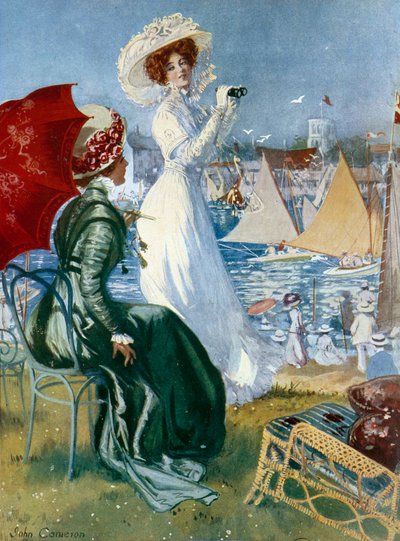 Belle époque: “Jóvenes siguiendo regatas con binoculares” Litografía de John Cameron (siglo XX) París, Artes Decorativas de John Cameron