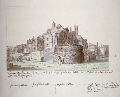 Bastión en el ángulo de London Wall, cementerio de la iglesia de St Giles sin Cripplegate, Ciudad de Londres de John Carter