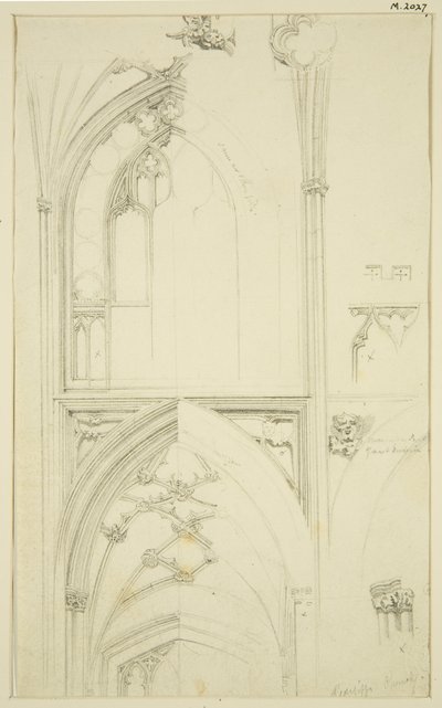 Detalles de la tracería de la ventana del triforio y la bóveda de la nave inferior en St Mary Redcliffe de John Carter
