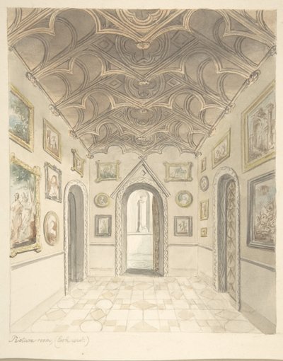 Castillo de Lea, Worcestershire, Sala de Pinturas, mirando al oeste de John Carter.