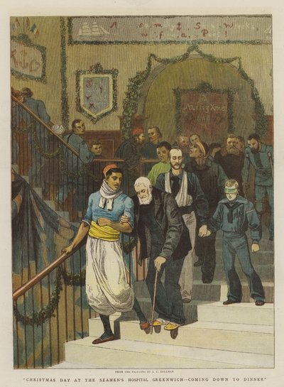Día de Navidad en el Hospital de Marineros de Greenwich, bajando a cenar de John Charles Dollman
