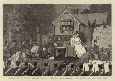 Bienvenida a casa del General Sir E Wood en Belhus, Essex, leyendo el discurso en las puertas del parque de John Charles Dollman
