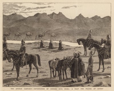 La campaña afgana, deportación de Sirdars a la India, una parada para la oración al atardecer de John Charles Dollman