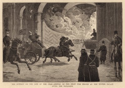 El intento de asesinato del Zar, llegada de la primera locomotora al Palacio de Invierno después de la explosión de John Charles Dollman