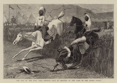 El fin de la guerra zulú, carrera de obstáculos por los basutos en el campamento en el valle de Upoko de John Charles Dollman