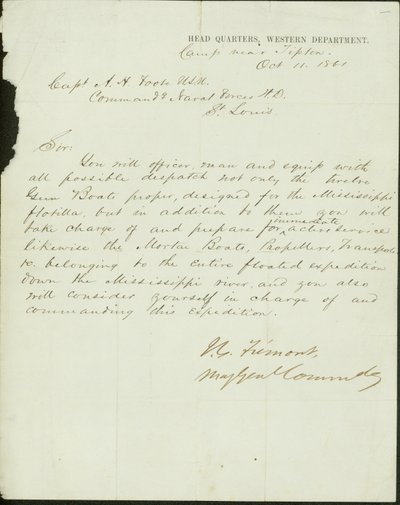 Carta firmada por J.C. Fremont, Mayor General Comandante, Cuartel General, Departamento Occidental, campamento cerca de Tipton, al Capitán A.H. Foote, U.S.N. Comandante de Fuerzas Navales H.D., St. Louis, 11 de octubre de 1861 de John Charles Frémont