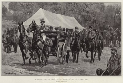Una fiesta de caza en el Castillo de Lowther, invitados saliendo de la carpa de almuerzo de John Charlton