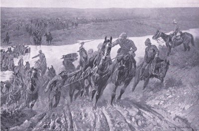 Artillería cruzando el Caledon en Karreepoort Drift (ilustración de After Pretoria: The Guerilla War, 1902) de John Charlton