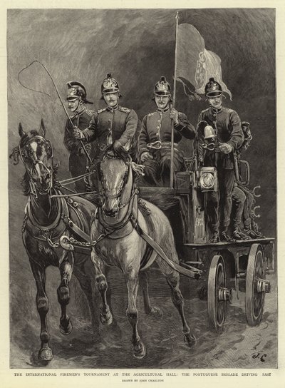 El torneo internacional de bomberos en el Agricultural Hall, la brigada portuguesa pasando de John Charlton