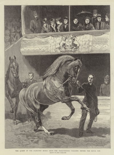 La Reina en el Show de Caballos de Islington, los ganadores desfilando frente a la Caja Real de John Charlton