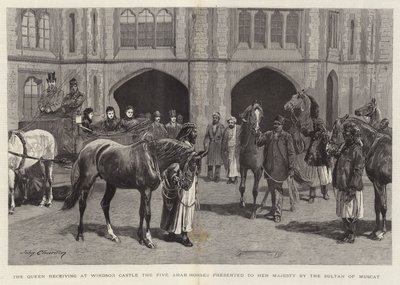 La Reina recibiendo en el Castillo de Windsor los Cinco Caballos Árabes presentados a Su Majestad por el Sultán de Mascate de John Charlton