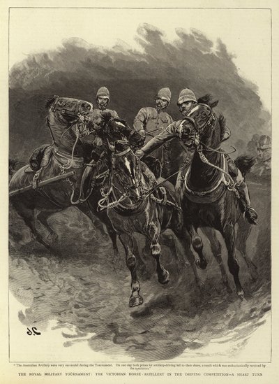El torneo militar real, la artillería a caballo victoriana en la competencia de conducción, una curva cerrada de John Charlton