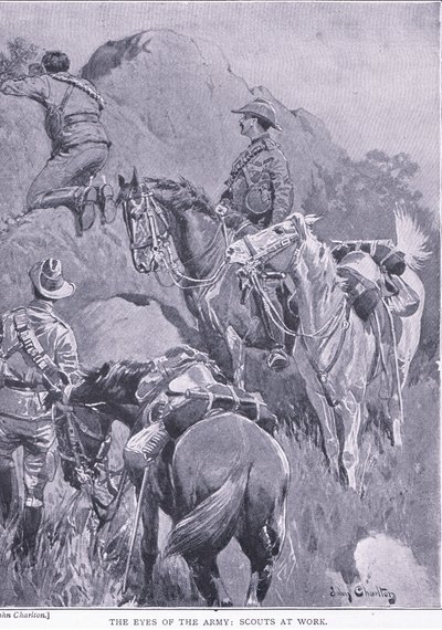 Los ojos del ejército, exploradores en acción, de Después de Pretoria: La Guerra de Guerrillas publicado por Harmsworth Bros Limited, 1901 de John Charlton