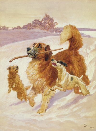 Tres perros jugando en la nieve, 1881 de John Charlton