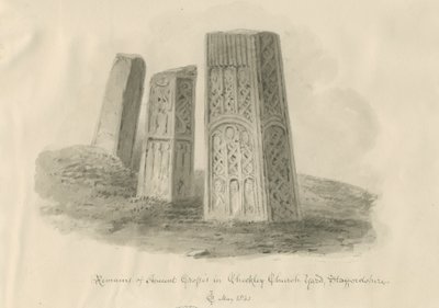 Iglesia de Checkley - Cruces antiguas: dibujo en sepia de John Chessell Buckler