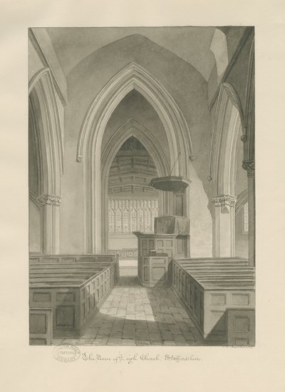 Interior de la Iglesia de Leigh: dibujo en sepia de John Chessell Buckler