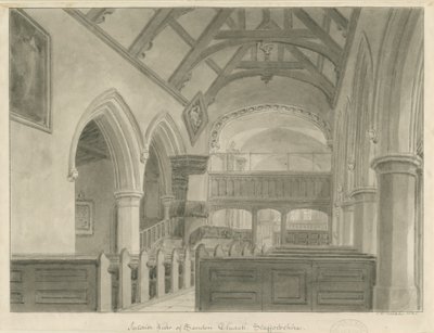 Interior de la Iglesia de Sandon: dibujo en sepia, 1841 de John Chessell Buckler