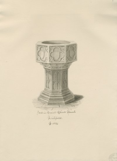 Lichfield - Pila Bautismal en la Iglesia de San Chad: dibujo en sepia de John Chessell Buckler