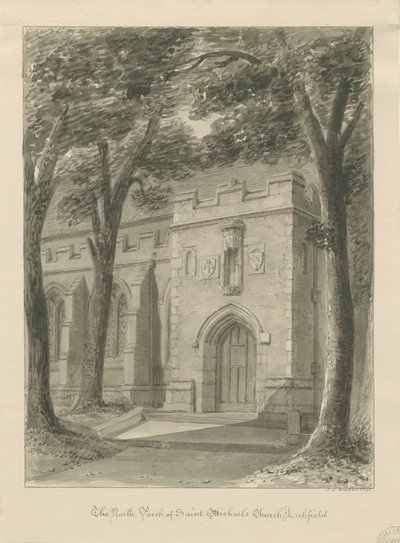 Lichfield - Pórtico Norte de la Iglesia de San Miguel: dibujo en sepia de John Chessell Buckler