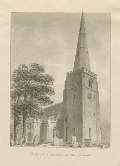 Lichfield - Iglesia de San Miguel: dibujo en sepia de John Chessell Buckler