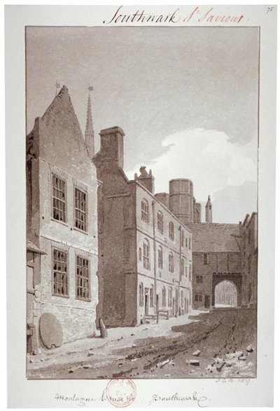 Vista hacia la puerta de Montague House, Southwark, Londres de John Chessell Buckler