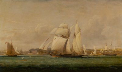 Un Goleta de Vela Alta, Dos Cortadores del Escuadrón Real de Yates y un Barco Mercante Americano de John Christian Schetky