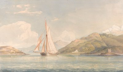 Barco navegando a la izquierda con montañas al fondo de John Christian Schetky