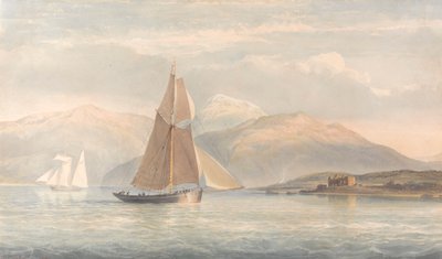Barco navegando a la derecha con montañas al fondo de John Christian Schetky