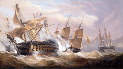 El Guillaume Tell comprometido por el H.M.S.Penelope y el H.M.S Loin of Malta durante el bloqueo, 30 de marzo de 1800 (óleo sobre lienzo) de John Christian Schetky