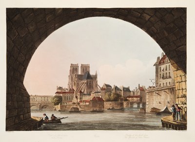 Puente del Hotel Dieu y la Iglesia de Notre Dame, ilustración de Versalles, París y Saint Denis, pub. 1805 de John Claude Nattes