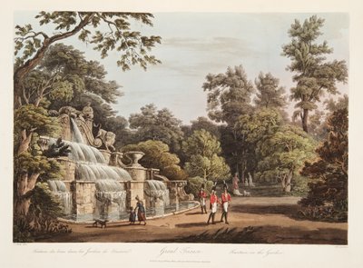 Gran Trianón, Fuente en el Jardín, ilustración de Versalles, París y Saint Denis, pub. 1805 de John Claude Nattes