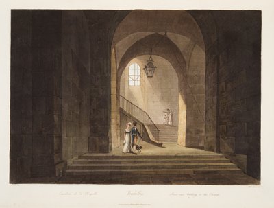 Escalera que conduce a la Capilla, ilustración de Versalles, París y Saint Denis, pub. 1806 de John Claude Nattes