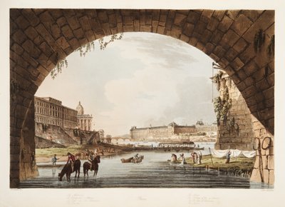 El Louvre; La Casa de la Moneda; El Colegio de las 4 Naciones; El Puente de la Reunión, ilustración de Versalles, París y Saint Denis, pub. 1805 de John Claude Nattes