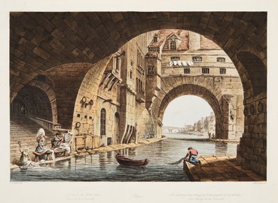 El Lavadero perteneciente al hospital del Hotel-Dieu y el Puente de la Tournelle, ilustración de Versalles, París y Saint Denis, pub. 1805 de John Claude Nattes