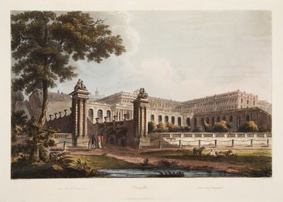 Versalles desde La Orangerie, ilustración de Versalles, París y Saint Denis, pub. 1805 de John Claude Nattes