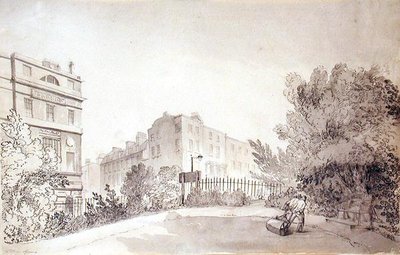 Vista de Fitzroy Square con Dos Figuras tirando de un Rodillo de Jardín, c.1808 de John Claude Nattes