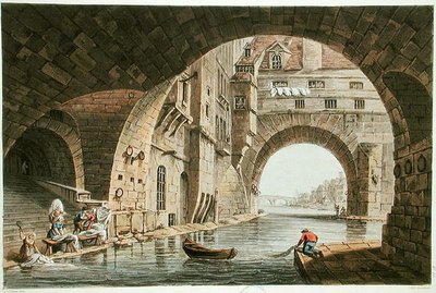 El lugar de lavado del Hotel-Dieu y el Pont de la Tournelle, grabado por I. Hill, 1810 de John Claude after Nattes