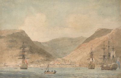Vista de Jamestown, Santa Elena, desde el mar con embarcaciones de John Cleveley the Younger