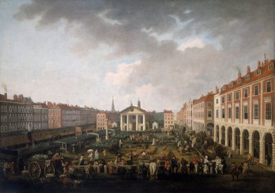 Covent Garden Piazza y Mercado, c. 1775 de John Collet
