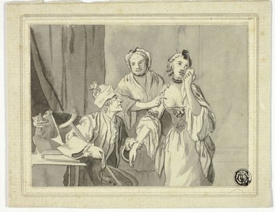 Ilustración literaria: Un anciano detiene a una joven acompañada por una mujer mayor de John Collet