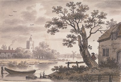 Escena fluvial con iglesia, cabaña y molino de viento de John Collet